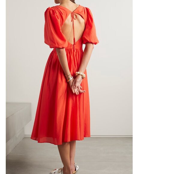 Farm Rio Orange Puffy Sleeved Corset Midi Dress Size XL - Picture 2 of 14